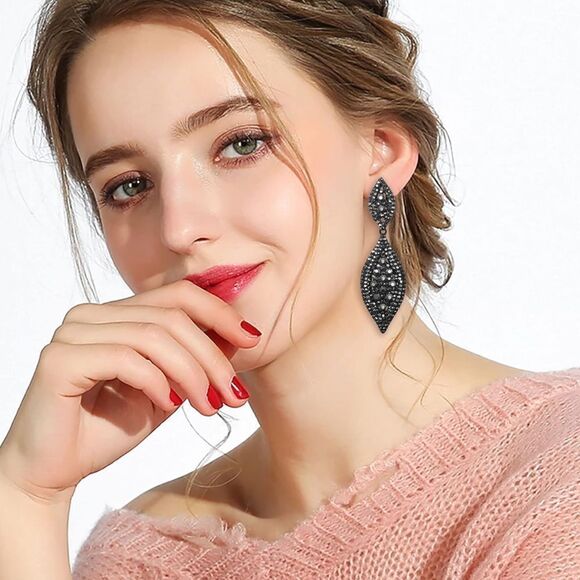 Carbon Black with Charcoal Gray Crystal Double Leaf Chandelier Post Earrings - Picture 4 of 6